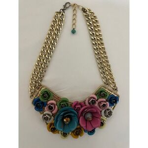 Gold Tone Chunky Double Statement Bib Necklace Multicolor 3D ResinFloral#680
